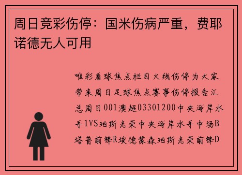 周日竞彩伤停：国米伤病严重，费耶诺德无人可用