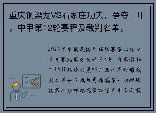 重庆铜梁龙VS石家庄功夫，争夺三甲。中甲第12轮赛程及裁判名单。