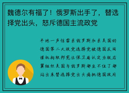 魏德尔有福了！俄罗斯出手了，替选择党出头，怒斥德国主流政党